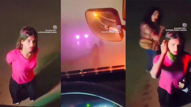 Beautiful girl showing her pussy to truck driver on the road